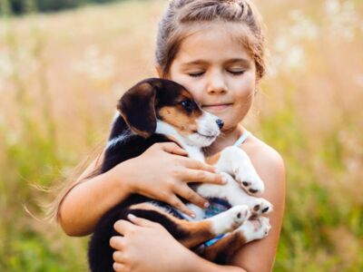 Ein glückliches Mädchen hält einen Hundewelpen auf dem Arm.